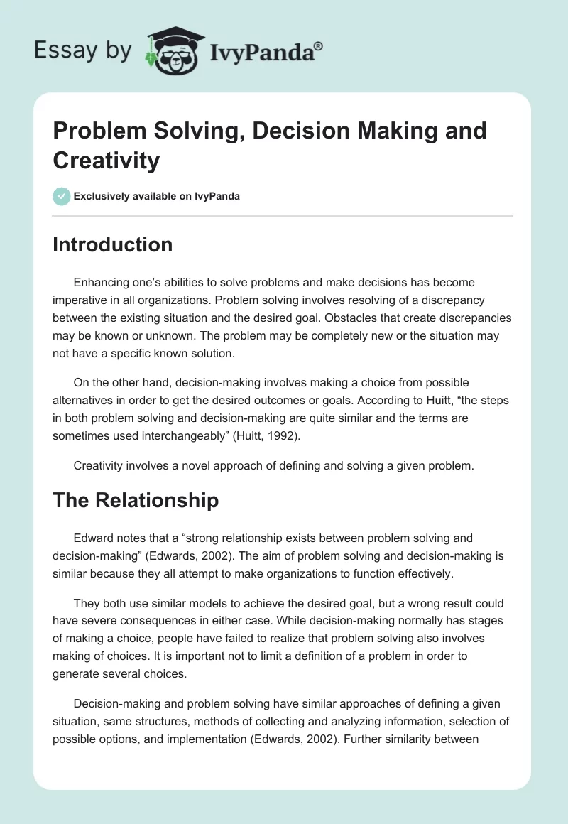 Problem Solving, Decision Making and Creativity. Page 1