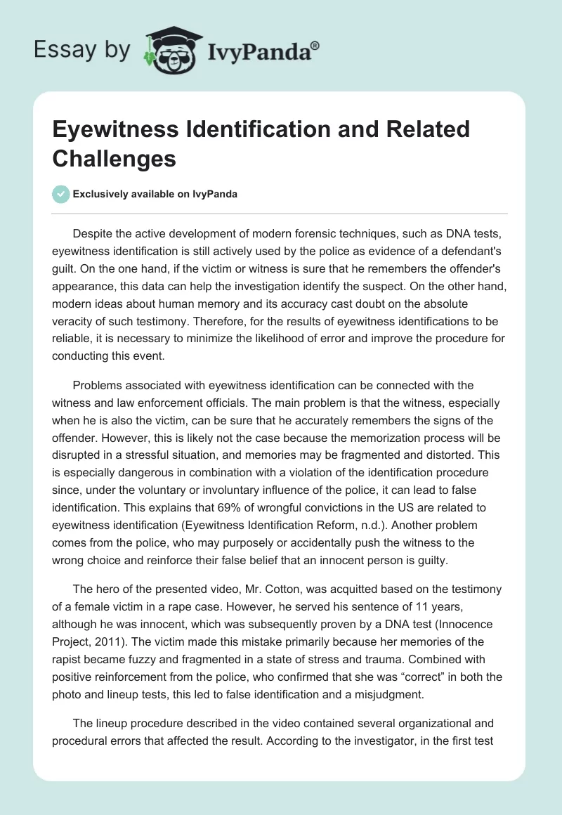 Eyewitness Identification and Related Challenges. Page 1