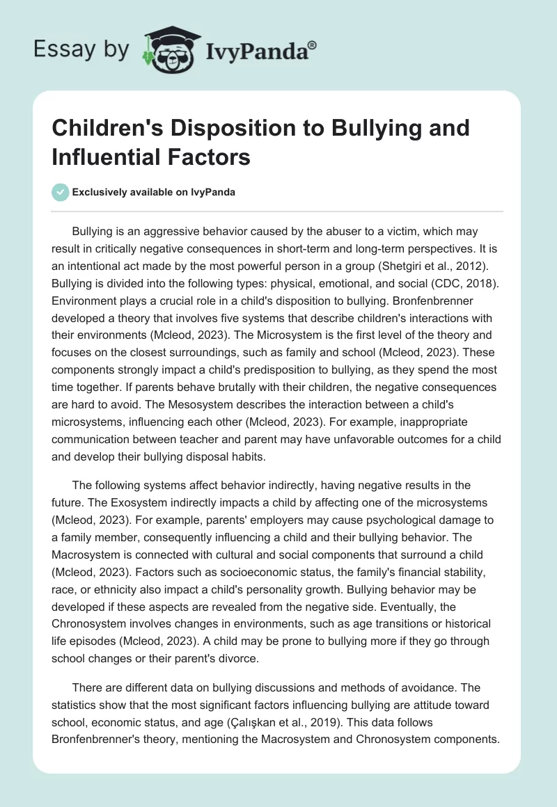 Children's Disposition to Bullying and Influential Factors. Page 1