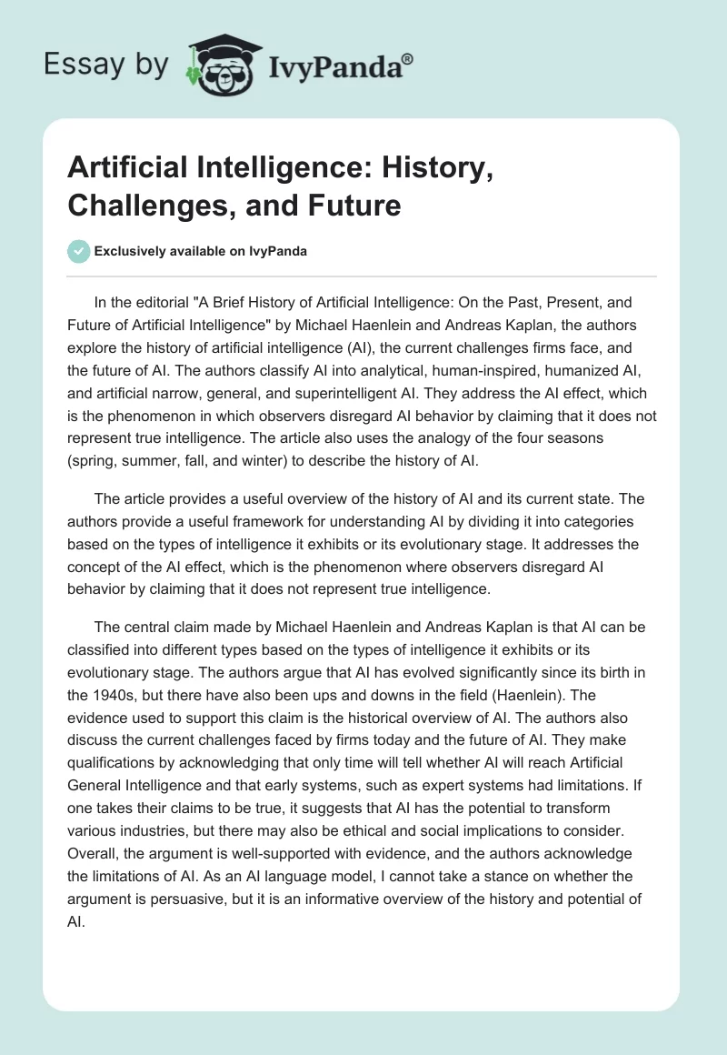Artificial Intelligence: History, Challenges, and Future. Page 1