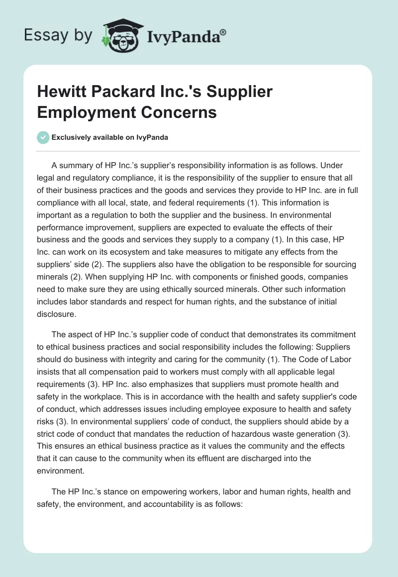 Hewitt Packard Inc.'s Supplier Employment Concerns. Page 1