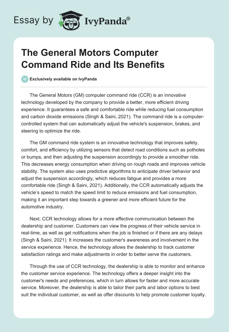 The General Motors Computer Command Ride and Its Benefits. Page 1