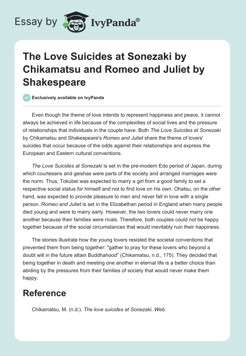 "The Love Suicides at Sonezaki" by Chikamatsu and "Romeo and Juliet" by Shakespeare. Page 1
