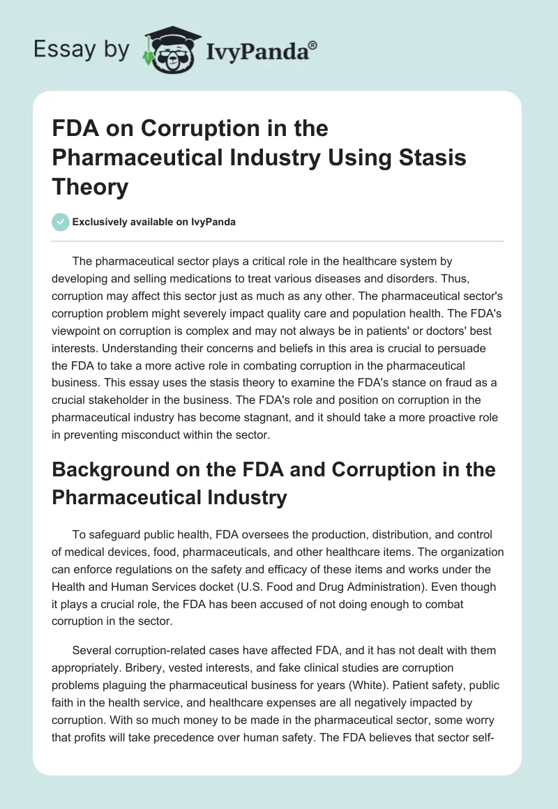 FDA on Corruption in the Pharmaceutical Industry Using Stasis Theory. Page 1