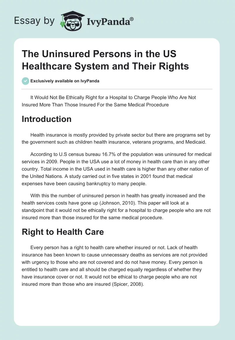 The Uninsured Persons in the US Healthcare System and Their Rights. Page 1