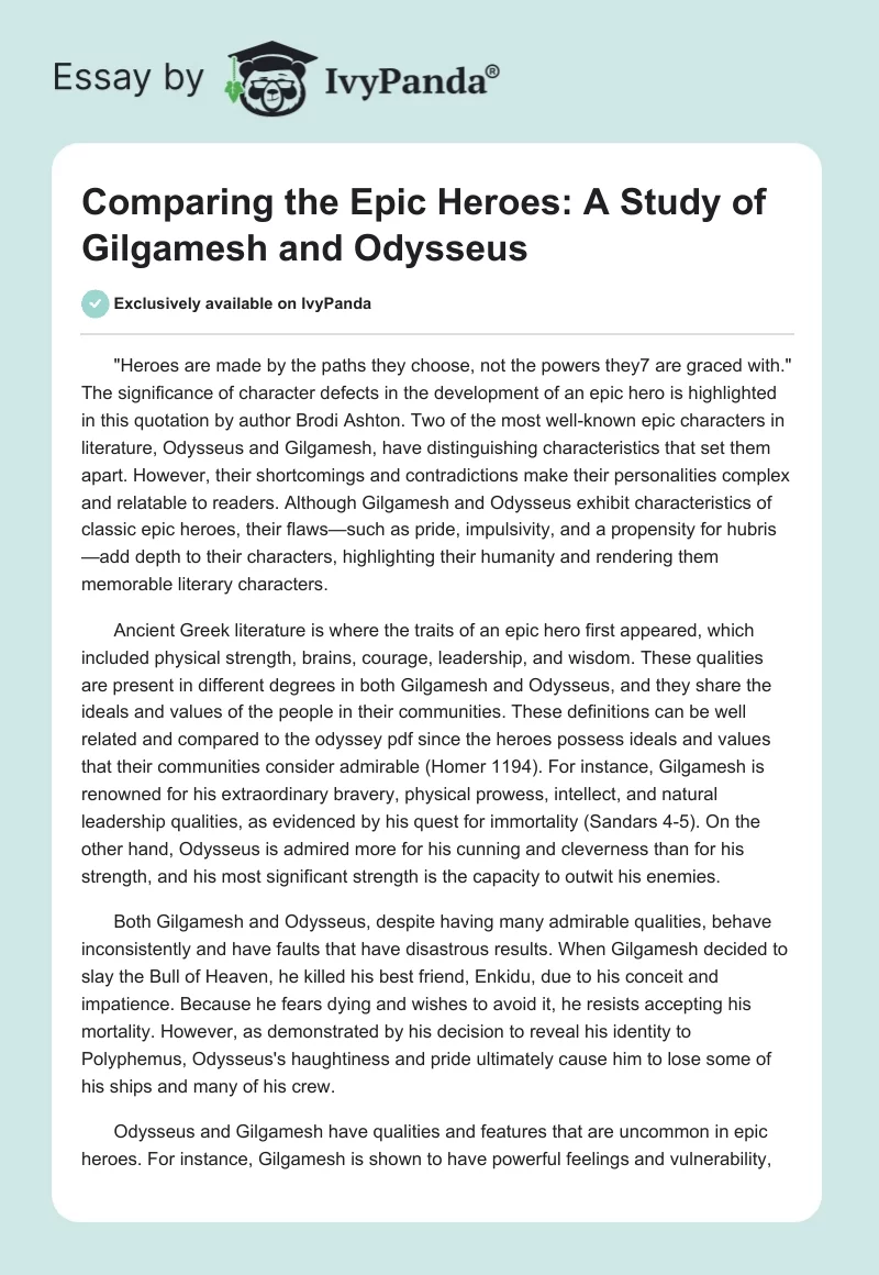 Comparing the Epic Heroes: A Study of Gilgamesh and Odysseus. Page 1