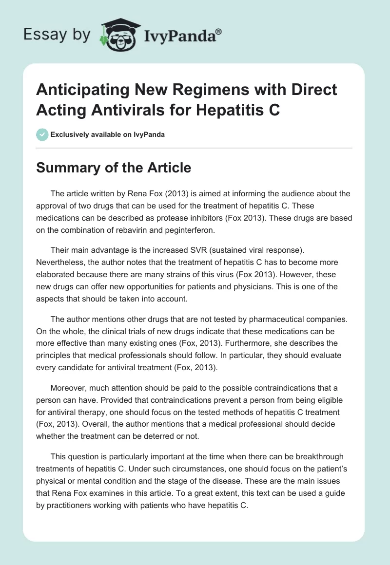 Anticipating New Regimens with Direct Acting Antivirals for Hepatitis C. Page 1