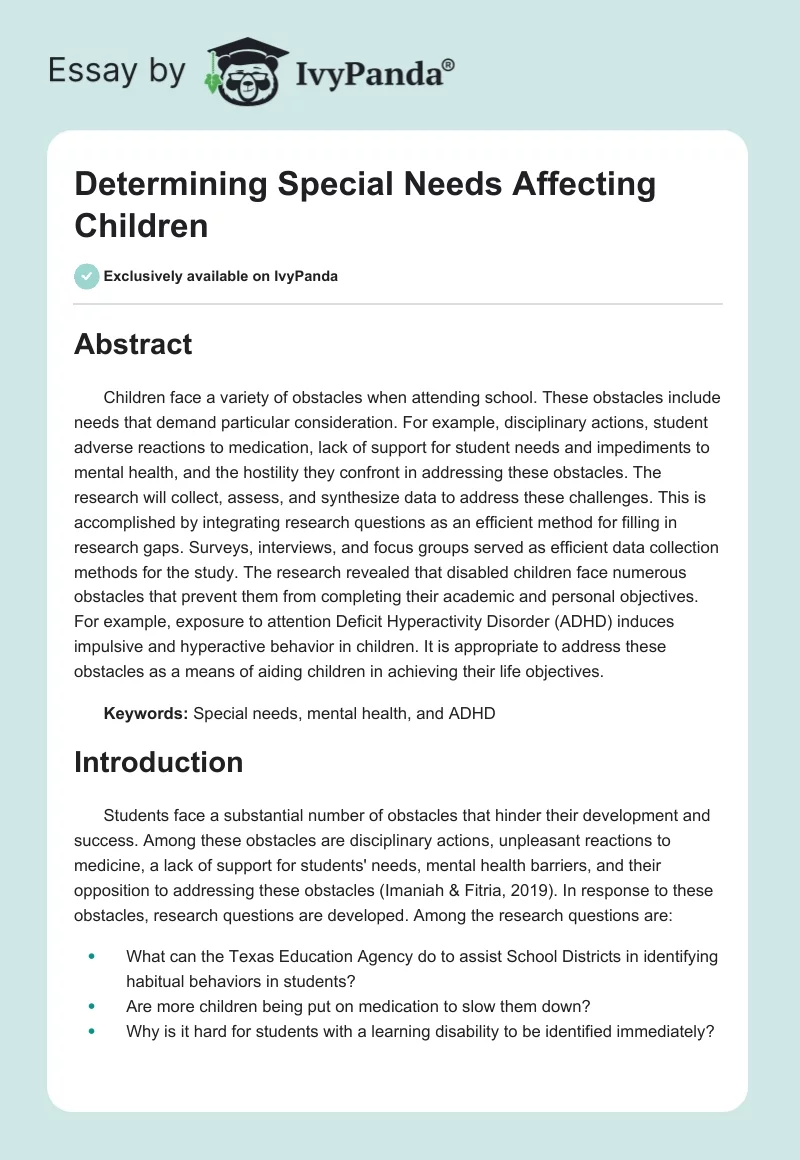 Determining Special Needs Affecting Children. Page 1
