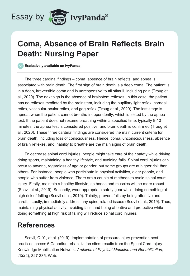 Coma, Absence of Brain Reflects Brain Death: Nursing Paper. Page 1