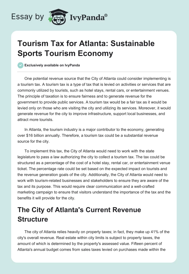 Tourism Tax for Atlanta: Sustainable Sports Tourism Economy. Page 1