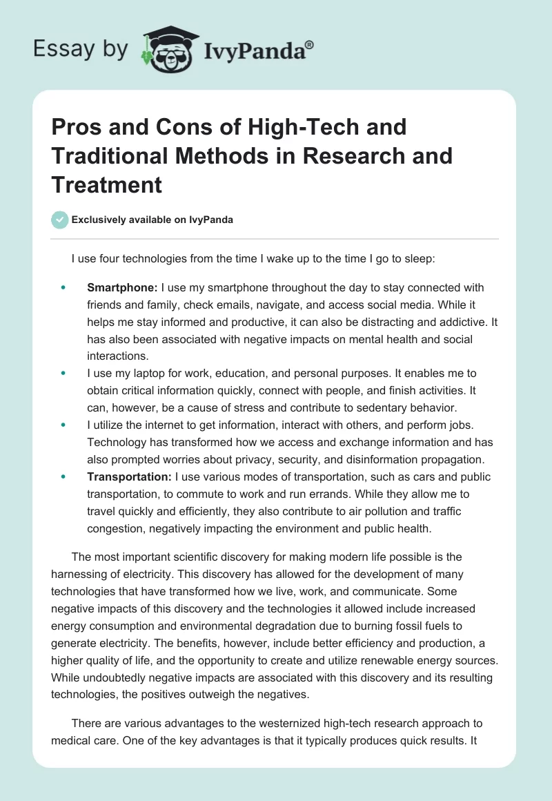 Pros and Cons of High-Tech and Traditional Methods in Research and Treatment. Page 1