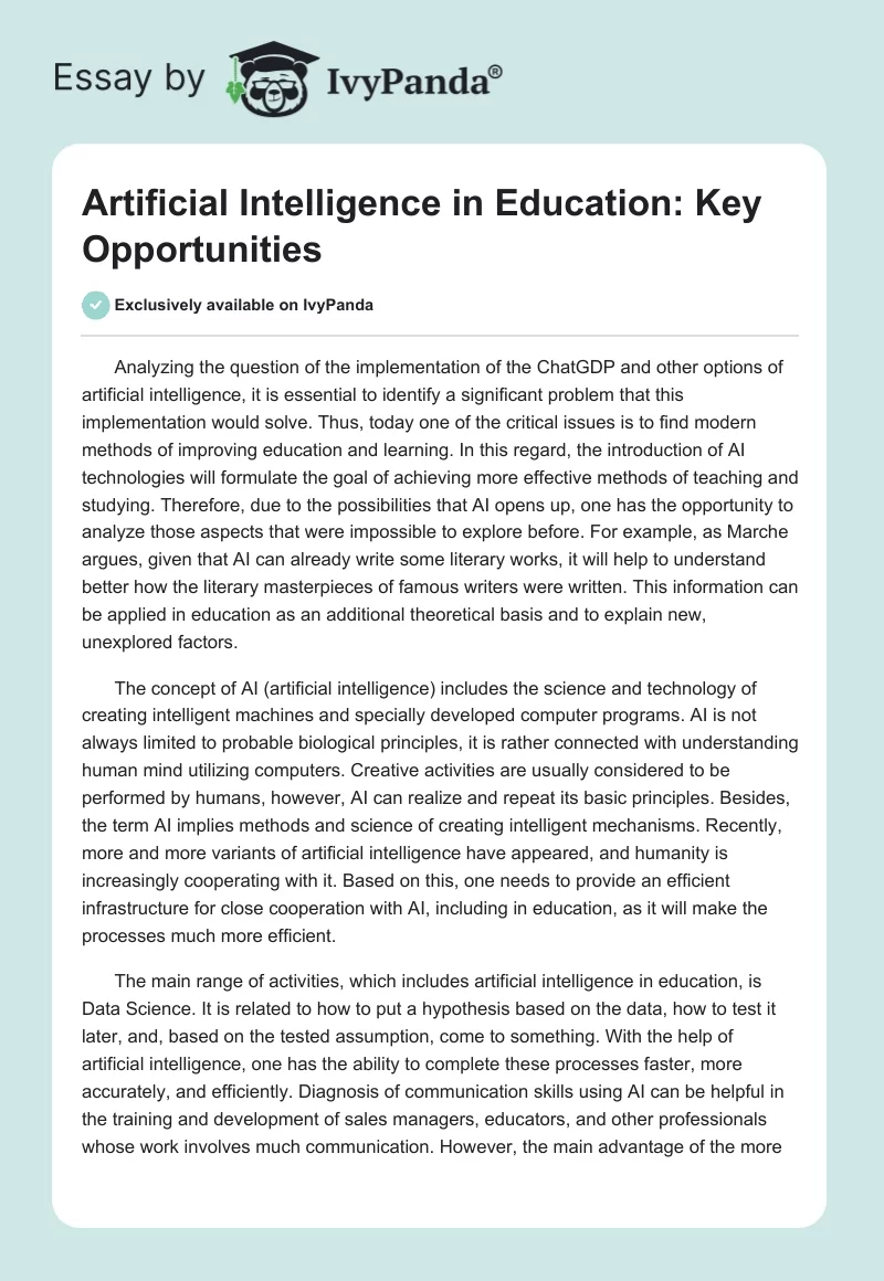 Artificial Intelligence in Education: Key Opportunities. Page 1