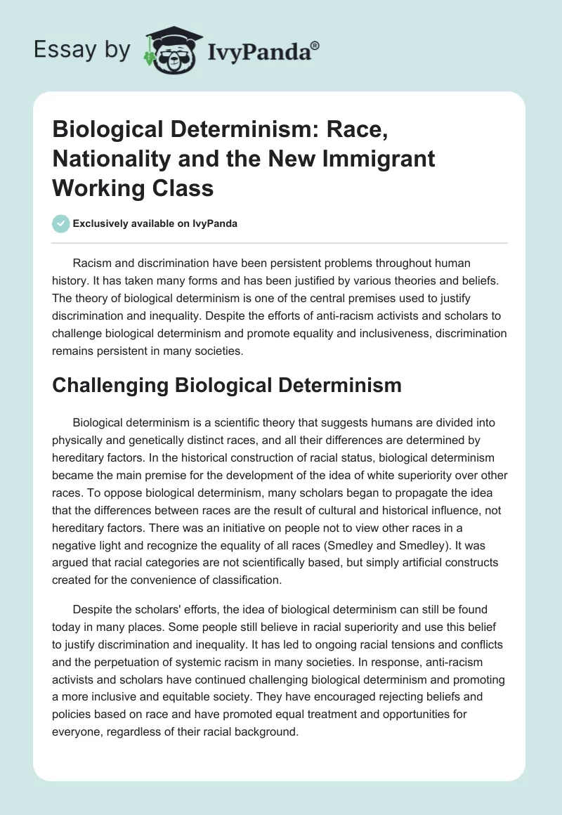Biological Determinism: Race, Nationality and the New Immigrant Working Class. Page 1