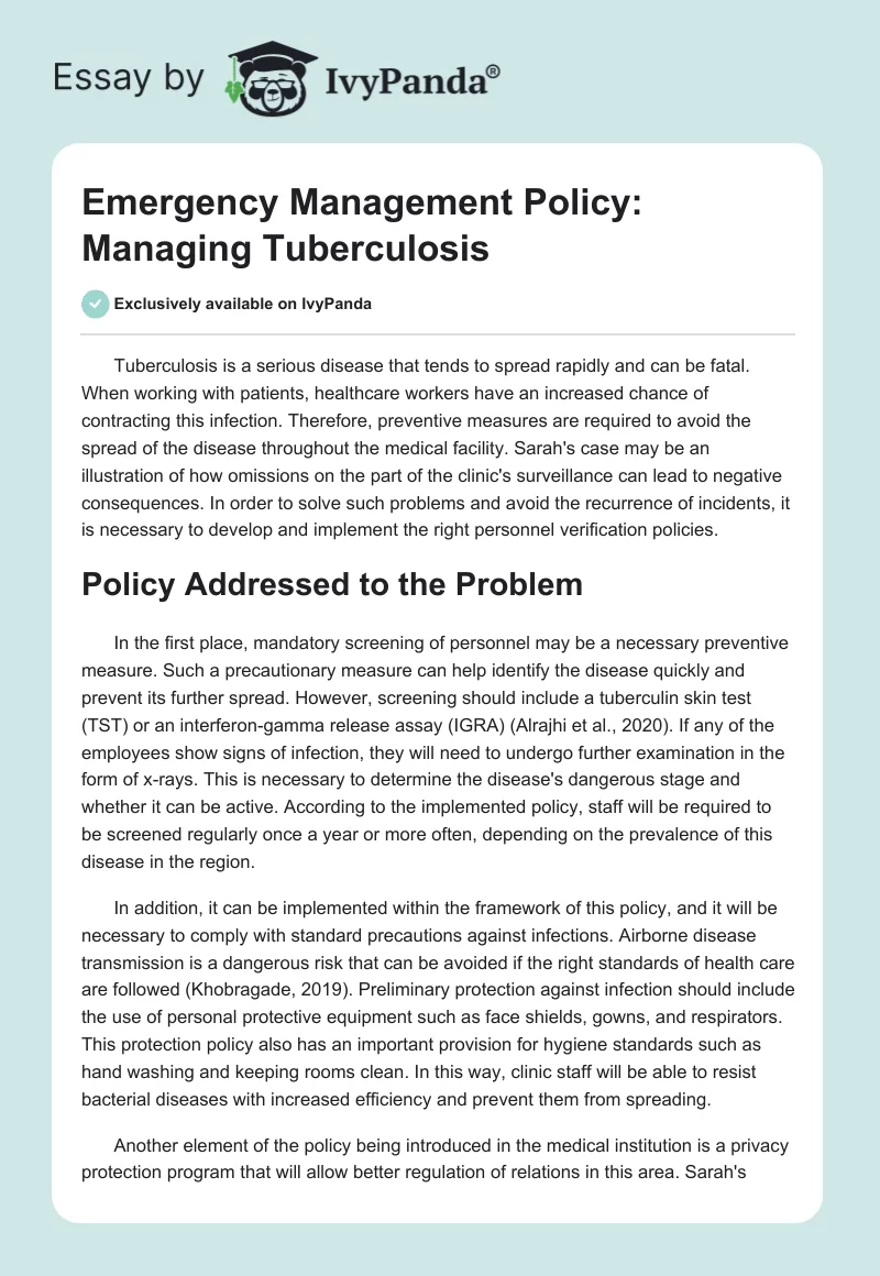 Emergency Management Policy: Managing Tuberculosis. Page 1