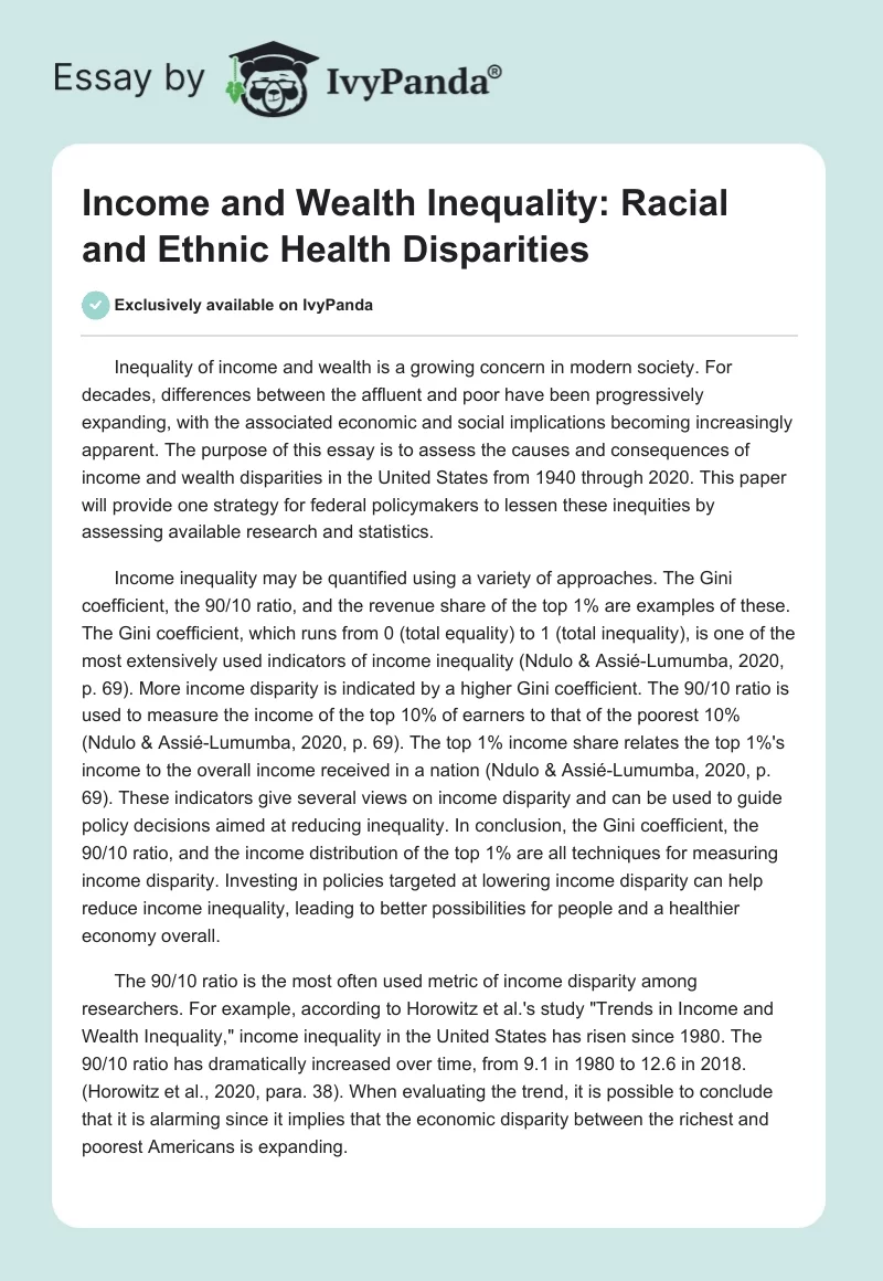 Income and Wealth Inequality: Racial and Ethnic Health Disparities. Page 1