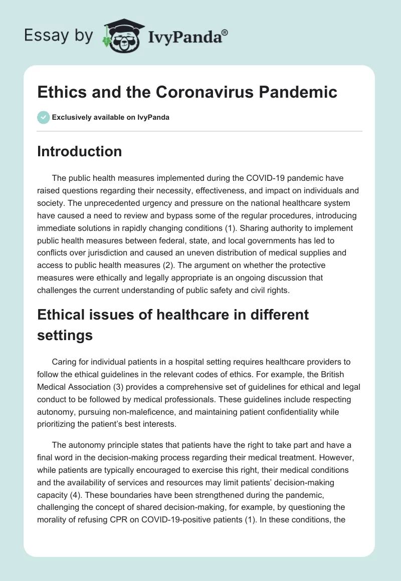 Ethics and the Coronavirus Pandemic. Page 1