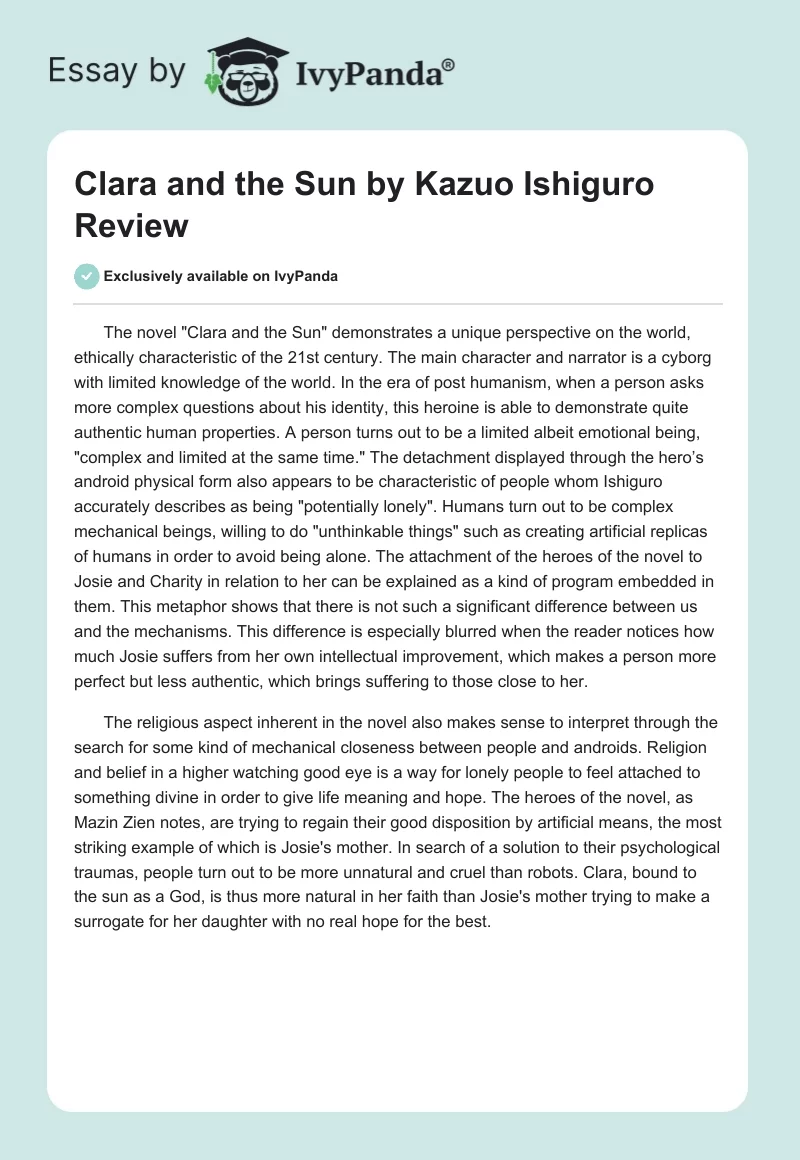 "Clara and the Sun" by Kazuo Ishiguro Review. Page 1