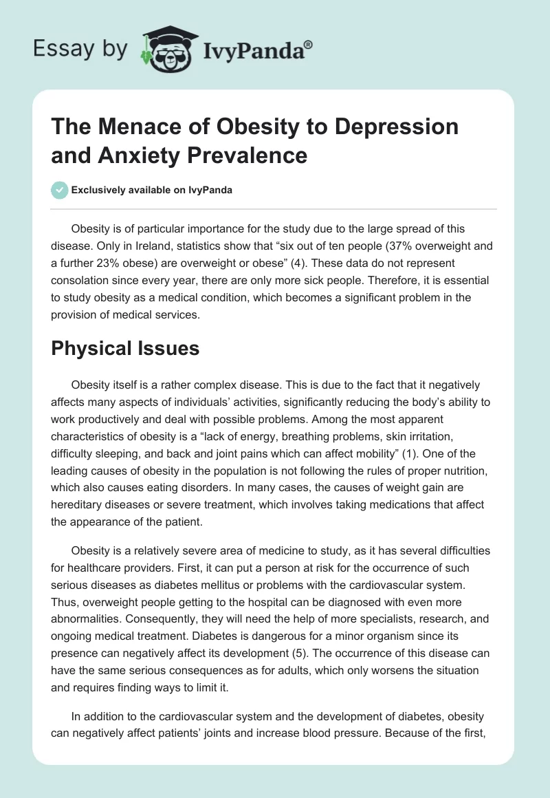 The Menace of Obesity to Depression and Anxiety Prevalence. Page 1