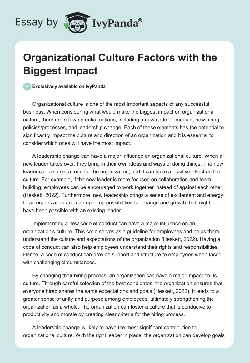 Organizational Culture Factors with the Biggest Impact. Page 1