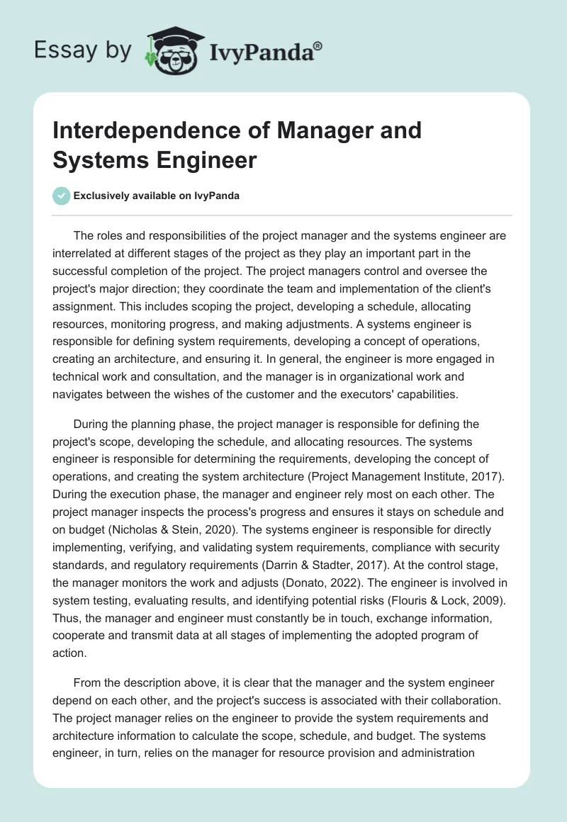Interdependence of Manager and Systems Engineer. Page 1