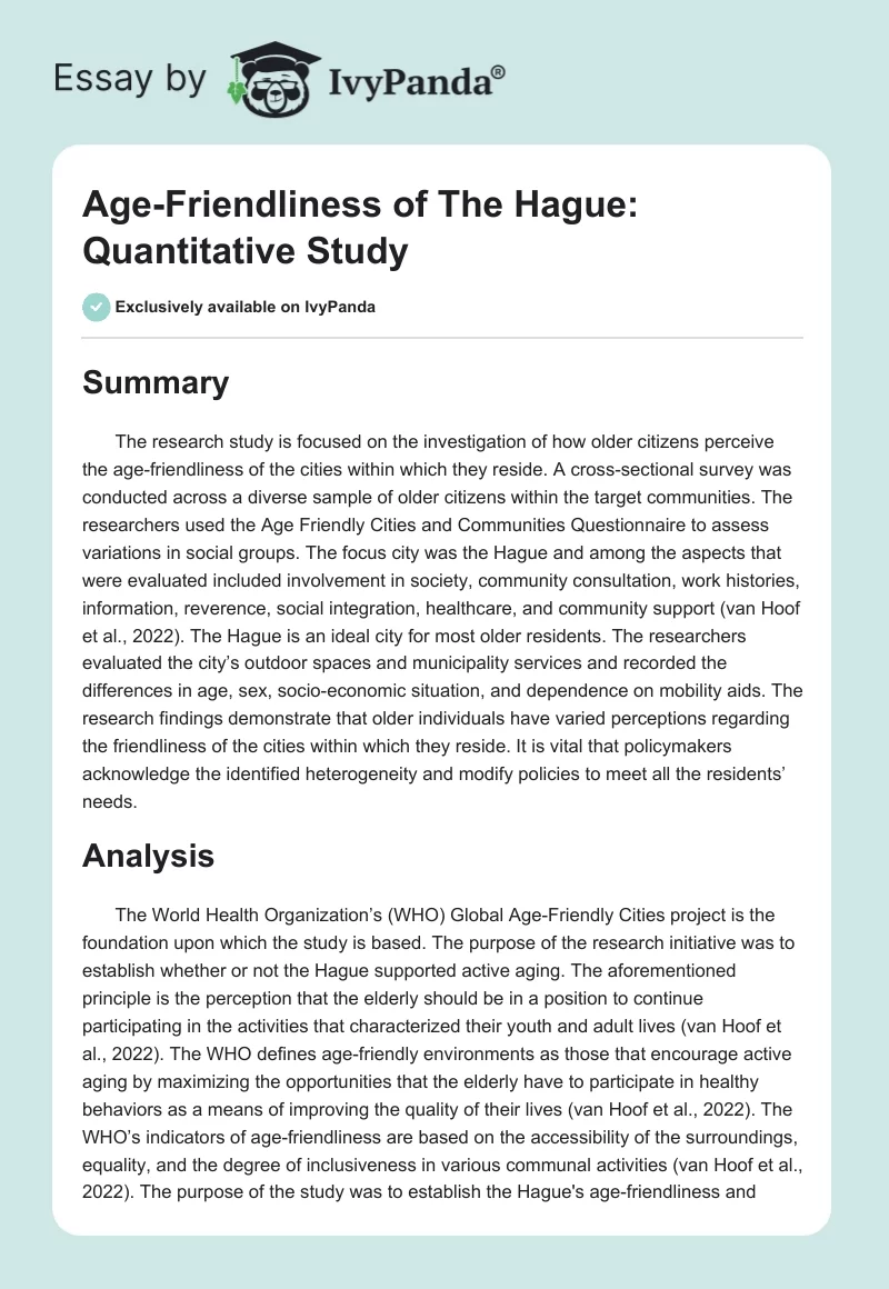 Age-Friendliness of The Hague: Quantitative Study. Page 1