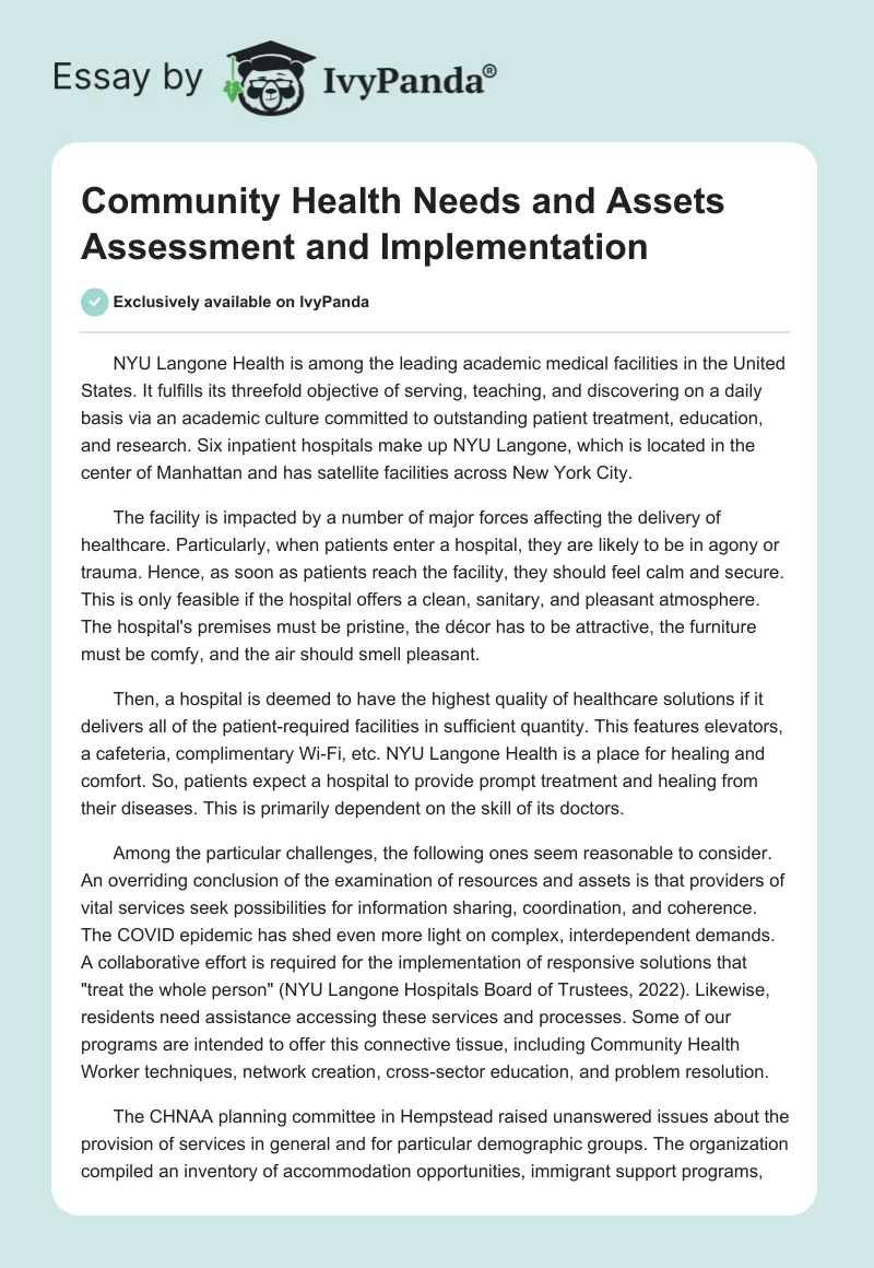 Community Health Needs and Assets Assessment and Implementation. Page 1
