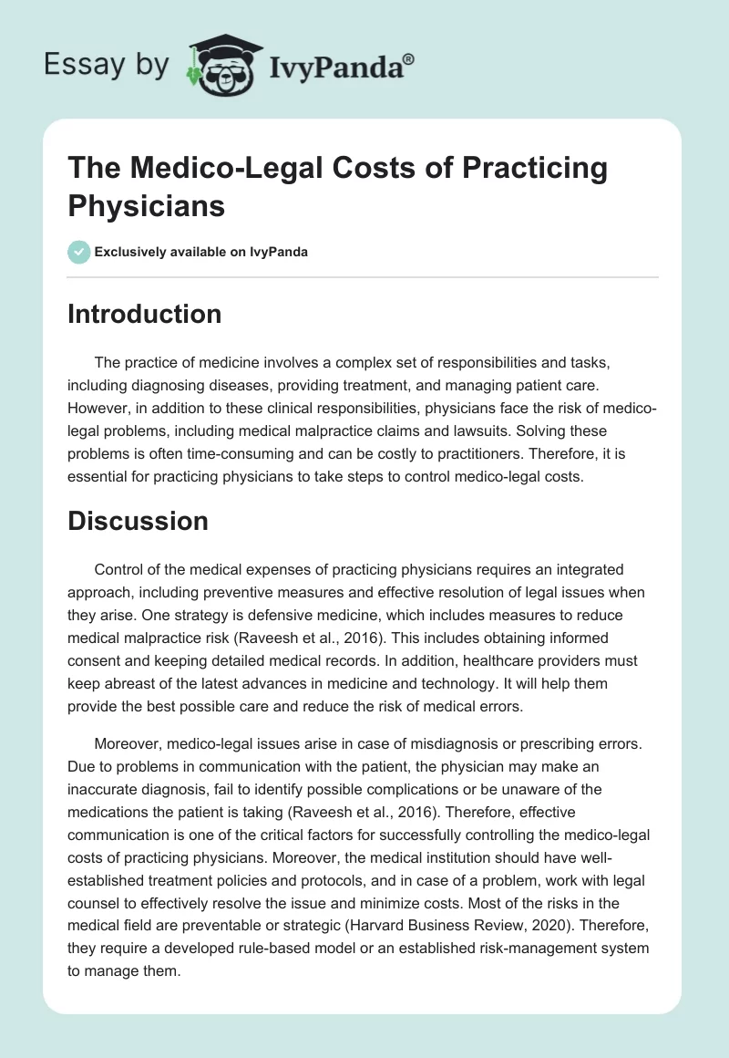 The Medico-Legal Costs of Practicing Physicians. Page 1