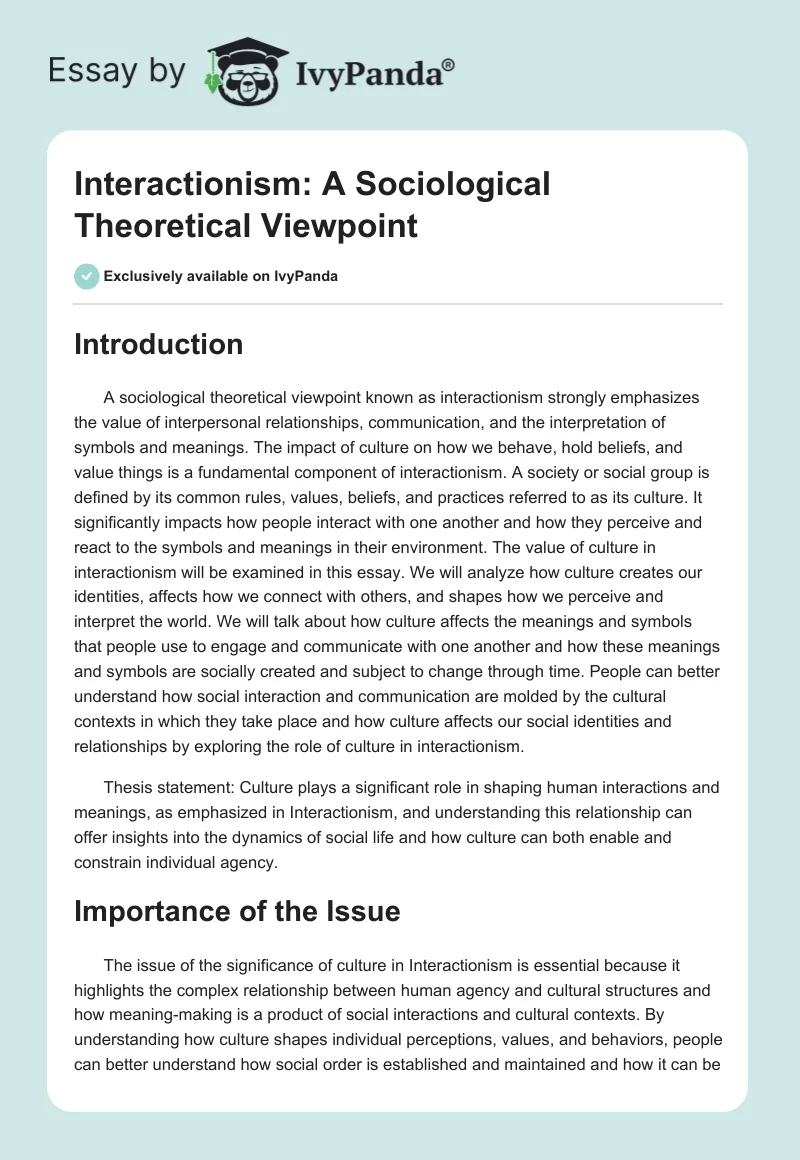 Interactionism: A Sociological Theoretical Viewpoint. Page 1