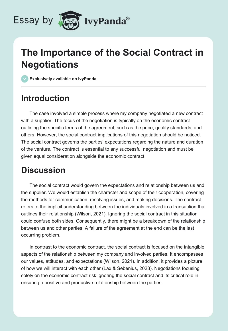 The Importance of the Social Contract in Negotiations. Page 1