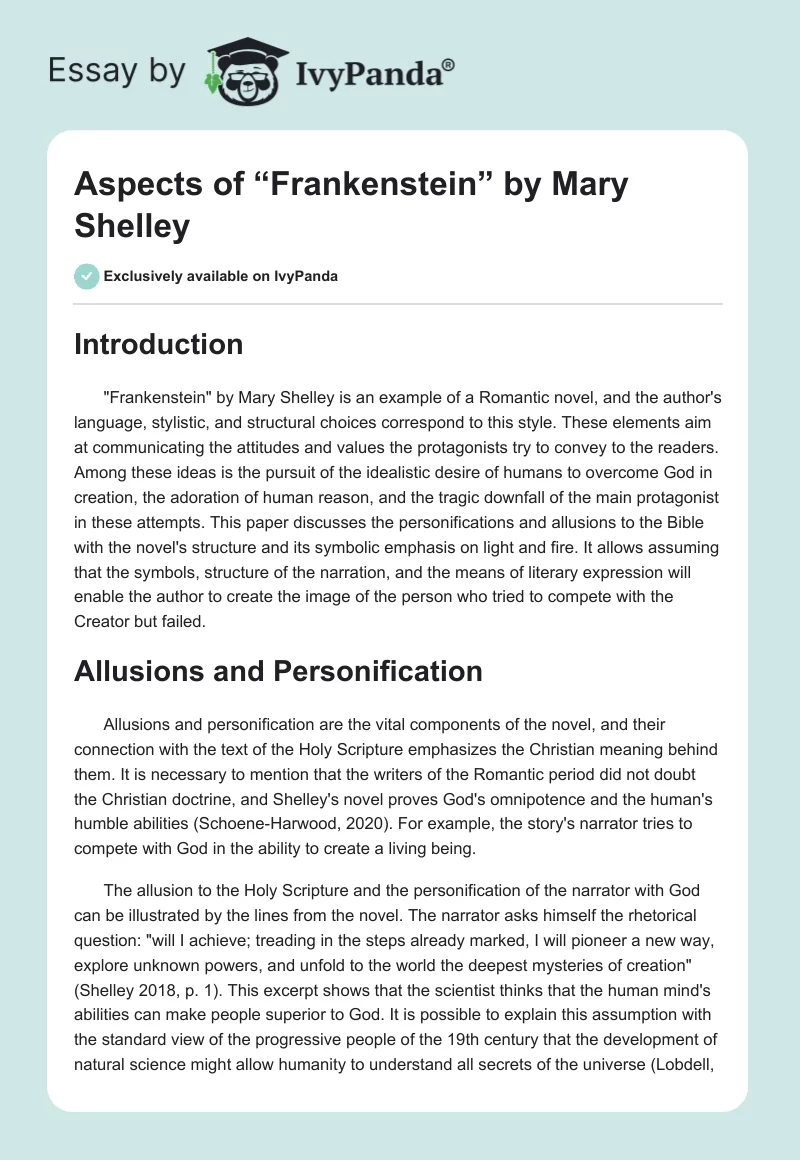 Aspects of “Frankenstein” by Mary Shelley. Page 1