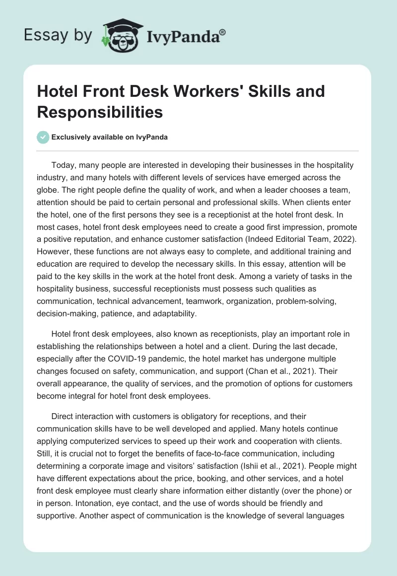 Hotel Front Desk Workers' Skills and Responsibilities. Page 1