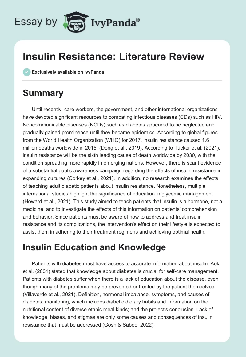 Insulin Resistance: Literature Review. Page 1