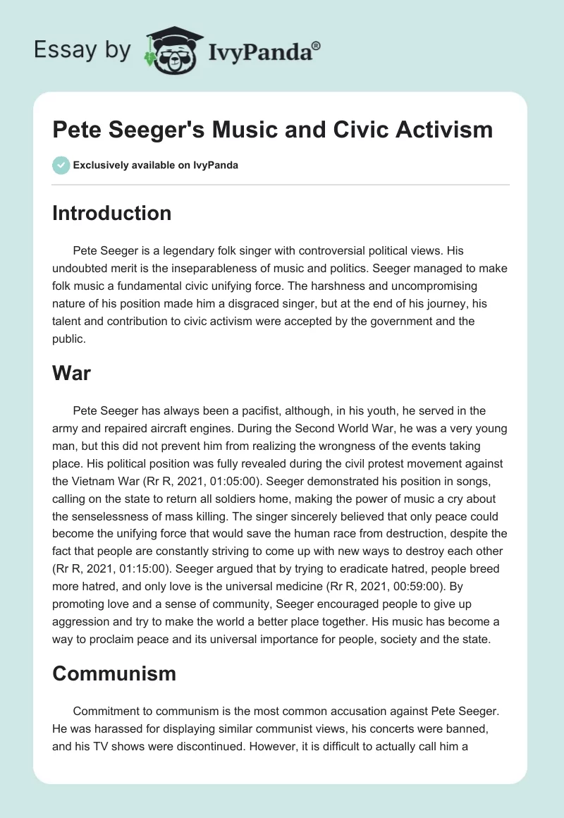 Pete Seeger's Music and Civic Activism. Page 1