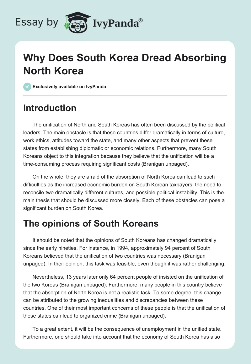 Why Does South Korea Dread Absorbing North Korea. Page 1