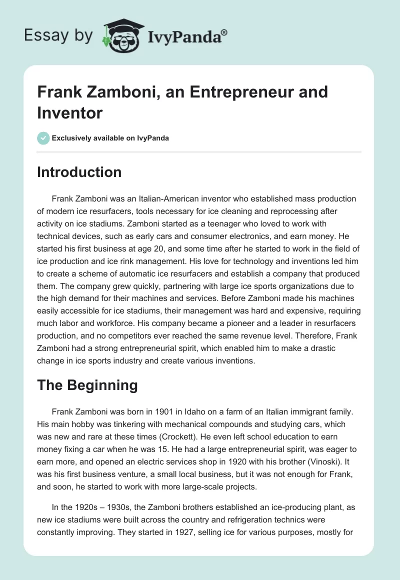 Frank Zamboni, an Entrepreneur and Inventor. Page 1