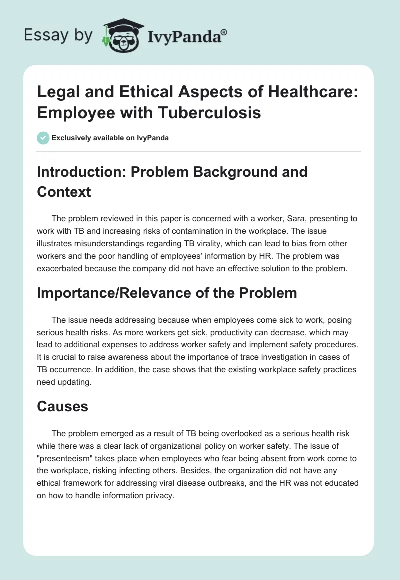 Legal and Ethical Aspects of Healthcare: Employee with Tuberculosis. Page 1