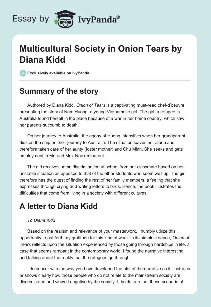 Multicultural Society in "Onion Tears" by Diana Kidd. Page 1