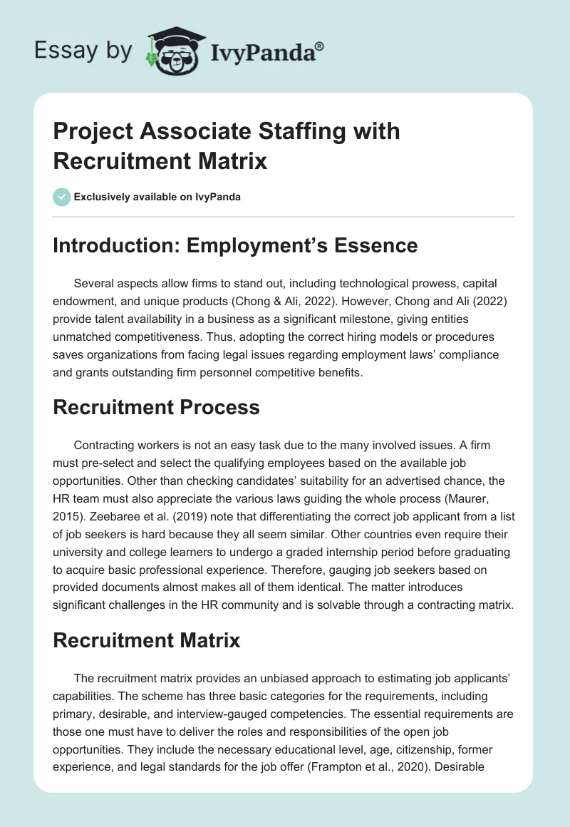 Project Associate Staffing with Recruitment Matrix. Page 1