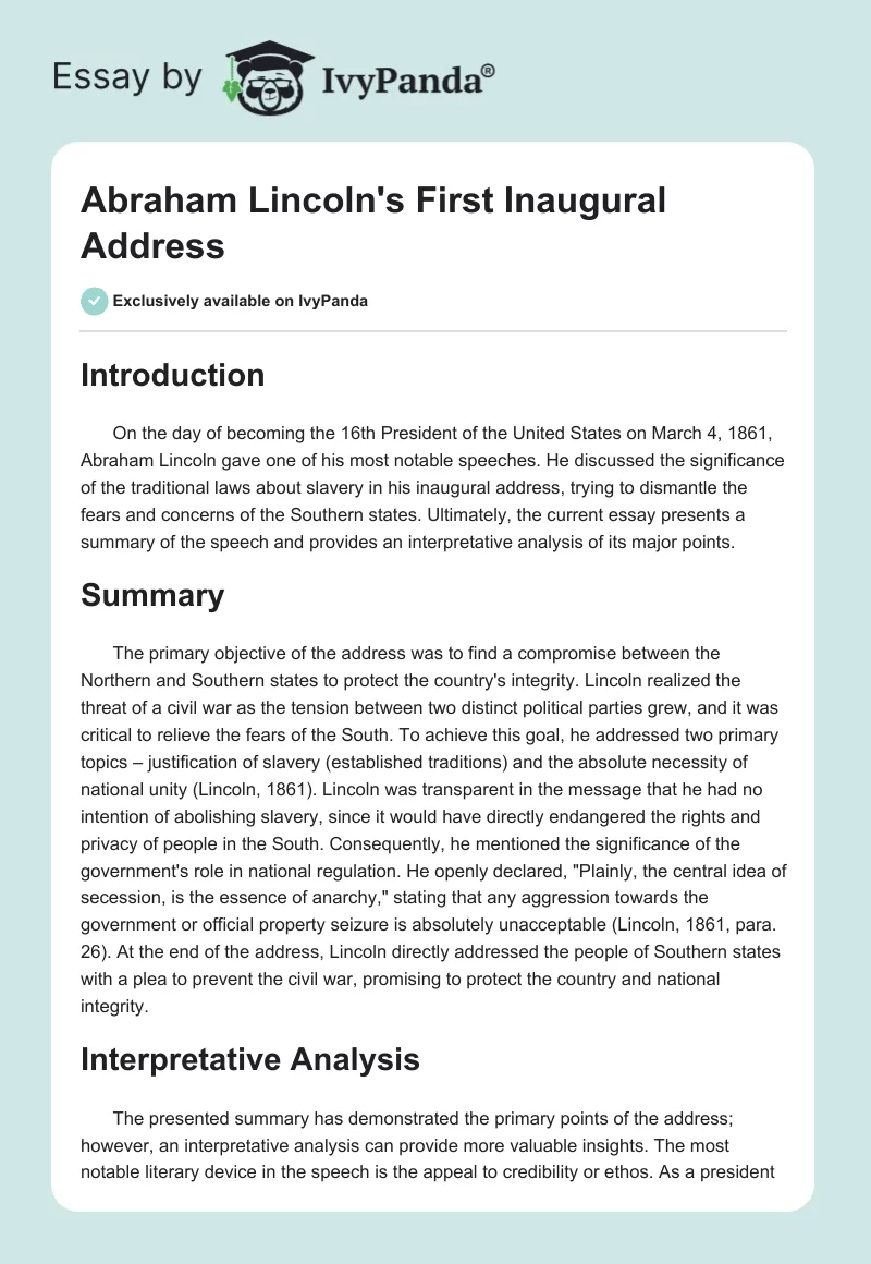 Abraham Lincoln's First Inaugural Address. Page 1