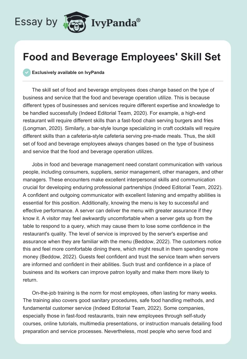 Food and Beverage Employees' Skill Set. Page 1