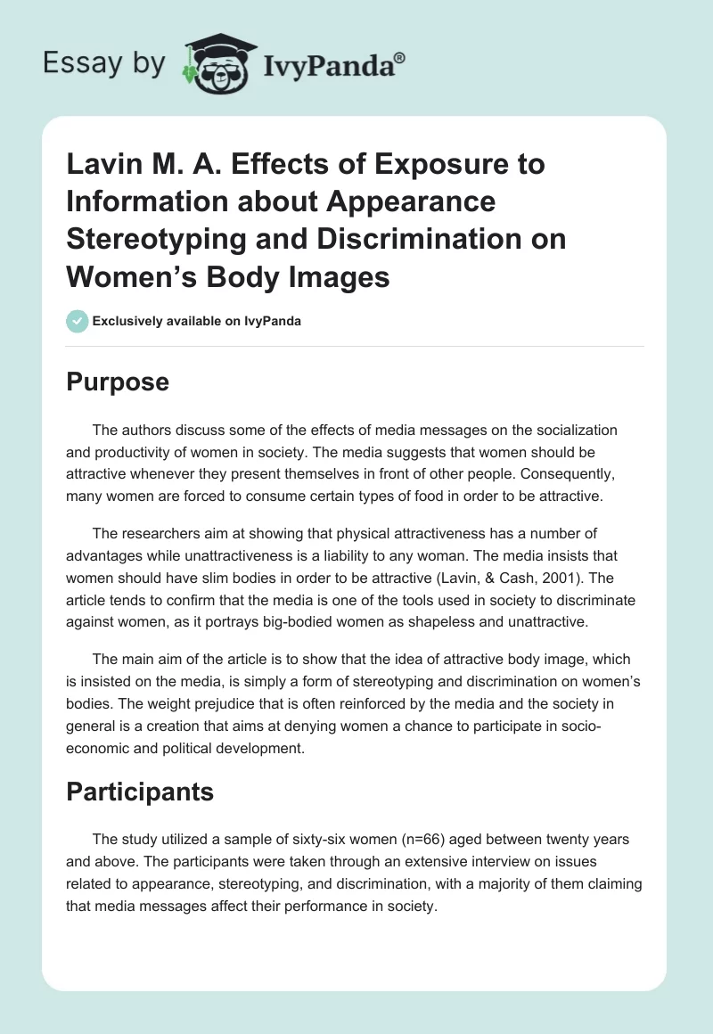 Lavin M. A. "Effects of Exposure to Information about Appearance Stereotyping and Discrimination on Women’s Body Images". Page 1