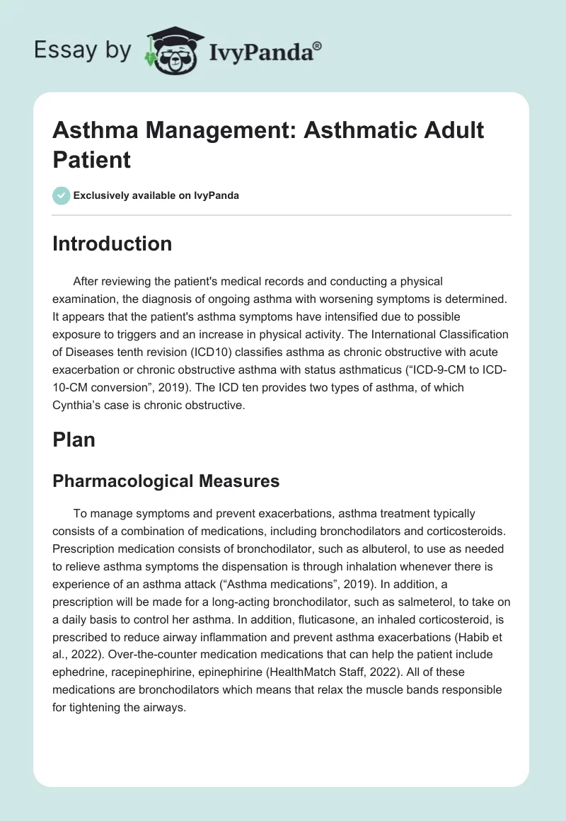 Asthma Management: Asthmatic Adult Patient. Page 1