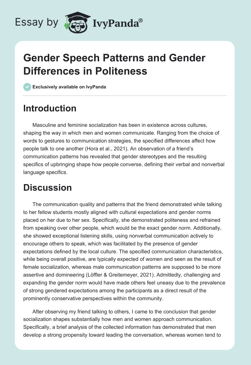 Gender Speech Patterns and Gender Differences in Politeness. Page 1