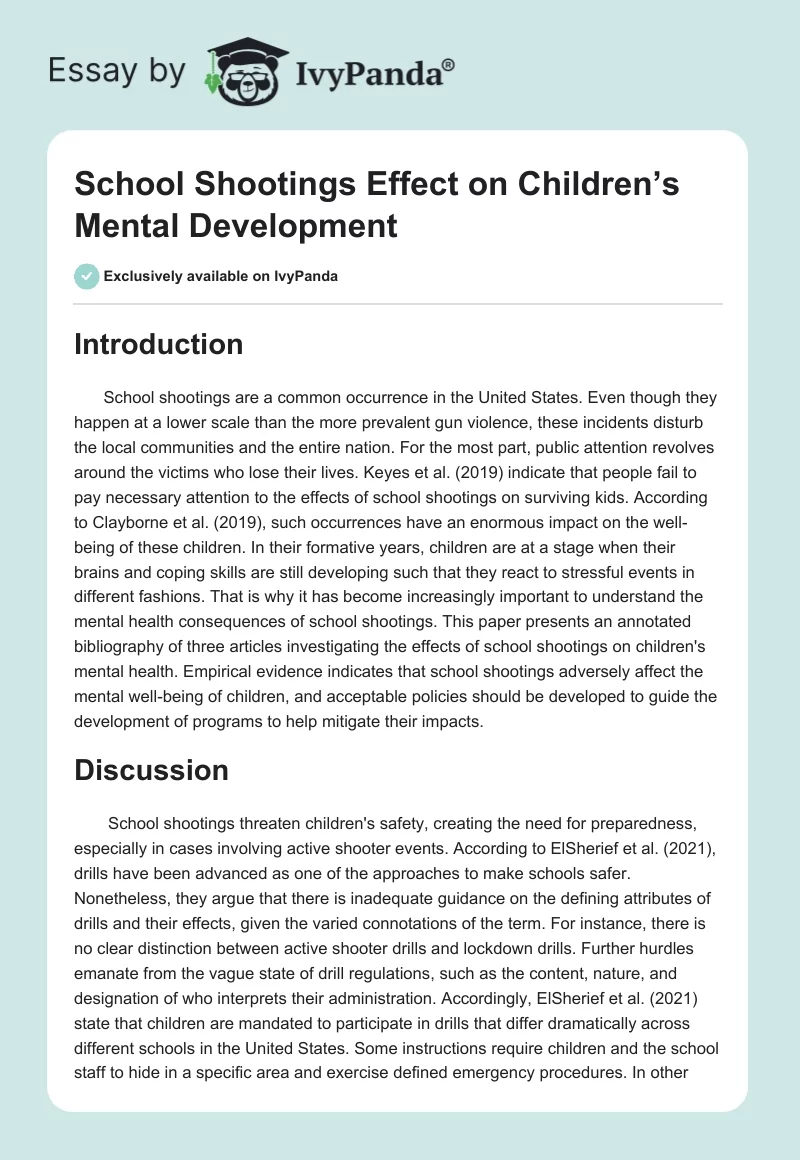 School Shootings Effect on Children’s Mental Development. Page 1