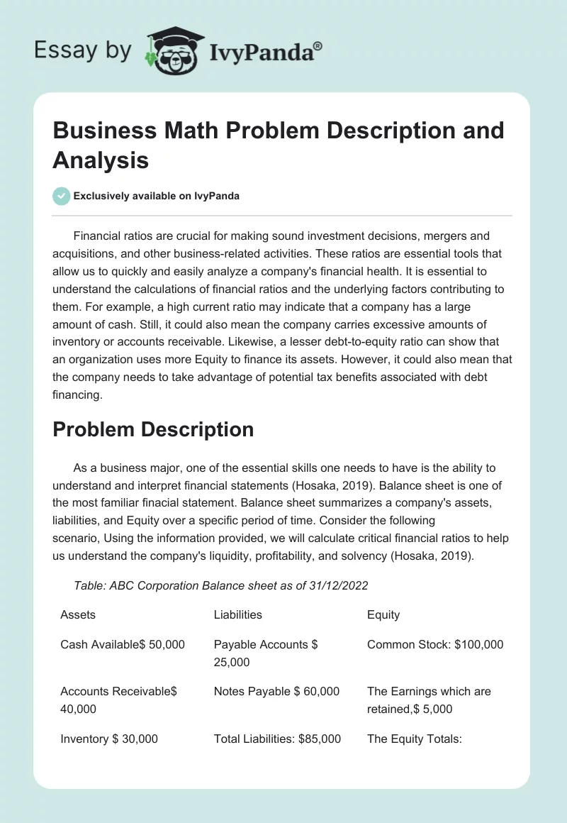 Business Math Problem Description and Analysis. Page 1