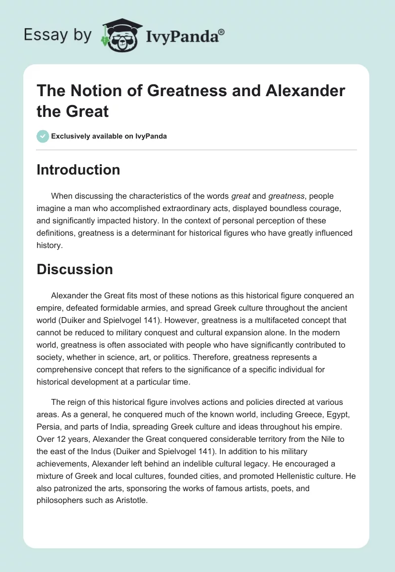 The Notion of Greatness and Alexander the Great. Page 1
