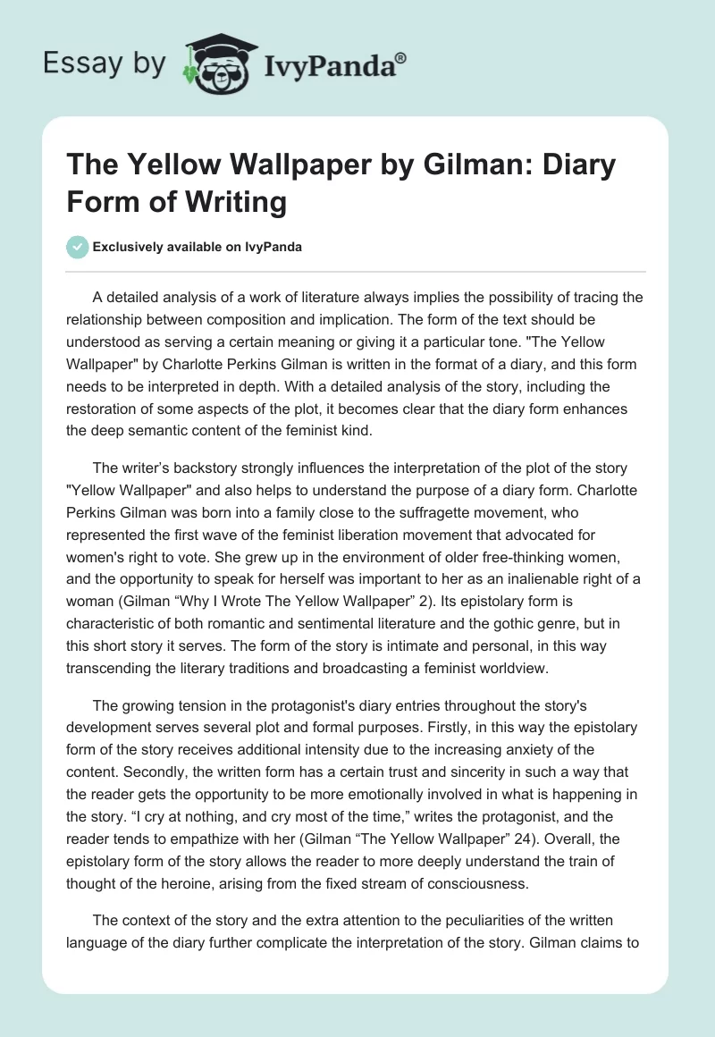 "The Yellow Wallpaper" by Gilman: Diary Form of Writing. Page 1