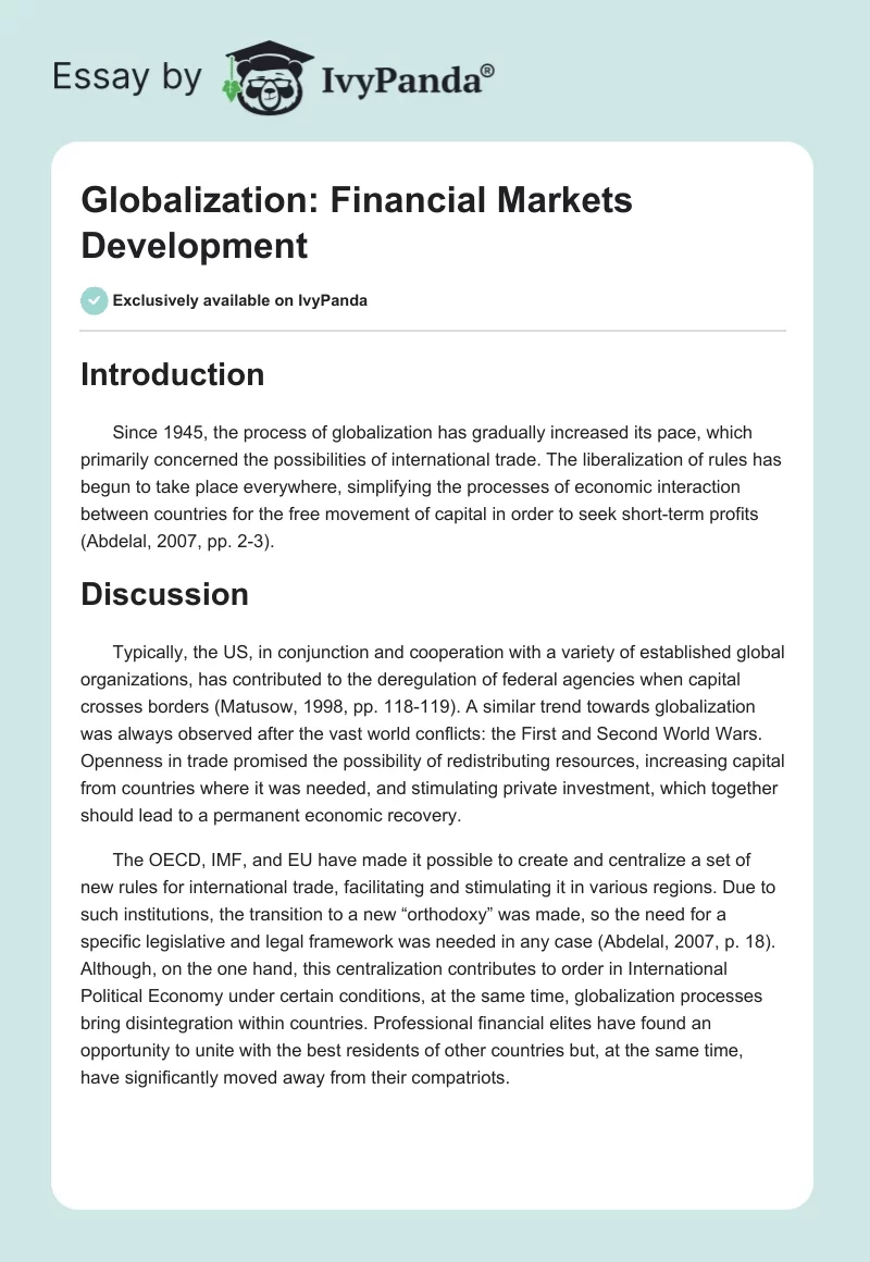 Globalization: Financial Markets Development. Page 1