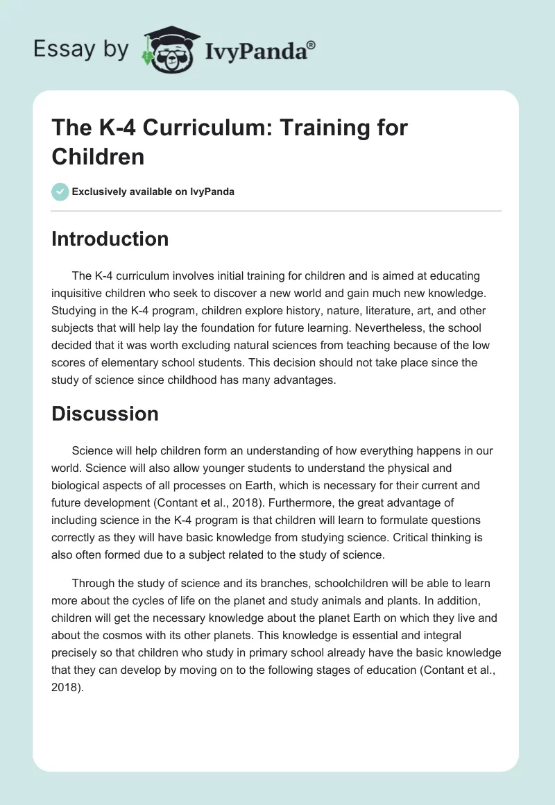 The K-4 Curriculum: Training for Children. Page 1
