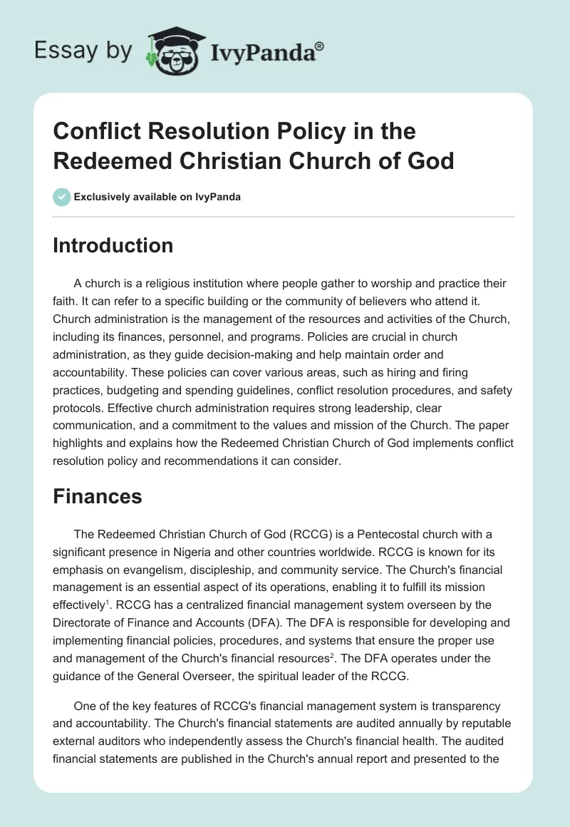 Conflict Resolution Policy in the Redeemed Christian Church of God. Page 1